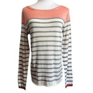 MAJESTIC FILATURES 100% SILK STRIPED CREW NECK PULL SWEATER IN PEACH IVORY WHITE